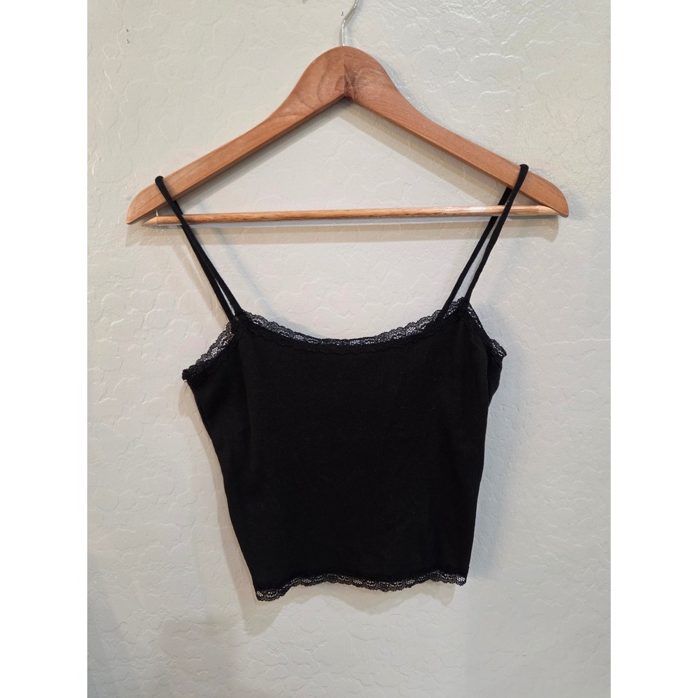 Heart Hips Black Ribbed Lace Trim Cami Cropped Tank Top Large Womans
